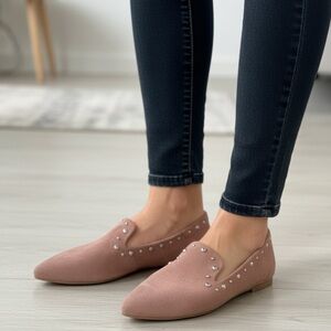 𝅺BRUSQUE ‘Dani’ Pointed Toe Genuine Suede Studded Flat in Light Pink Sz 36